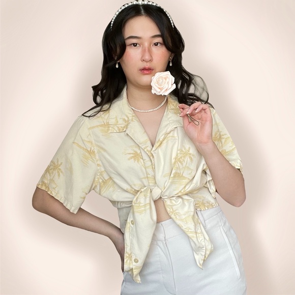 Vintage cream tropical palm tree print silk short - Picture 2 of 4